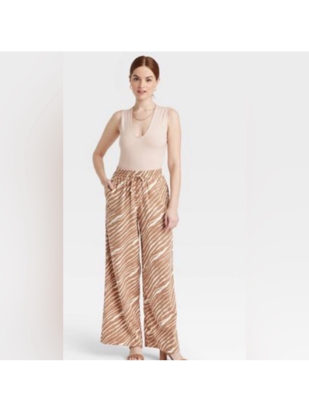 a new day Tan and White Wide-Leg Zebra Print Drawstring Pants Linen Blend